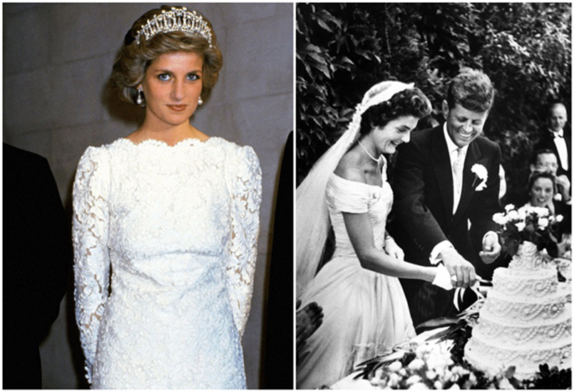 左为带着珍珠泪王冠的戴安娜王妃，右为爱带珍珠项链的美国第一夫人杰奎琳。